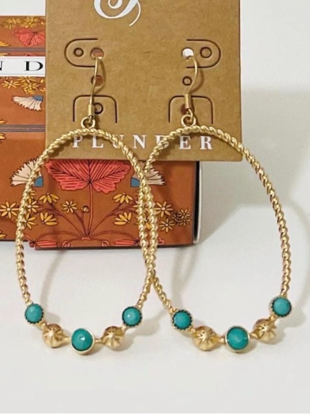 Plunder Design Cara  Gold Hoop Earrings with Turquoise Color Stones